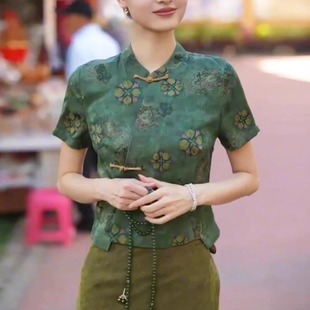 立领短袖 新中式 洋气墨绿色修身 新款 百搭上衣 国风高级感2026春季