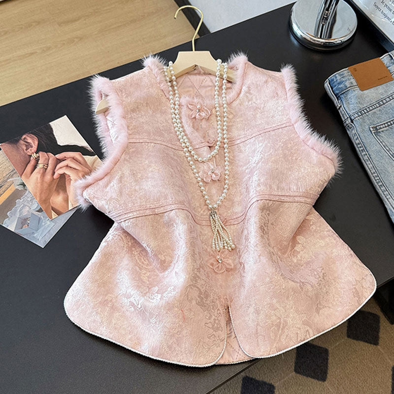 2026早春新款新中式国风毛边夹棉马甲女显白减龄印花外穿减龄背心,女装/女士精品,马夹,淘宝优惠券,粉丝福利购,淘宝优惠卷