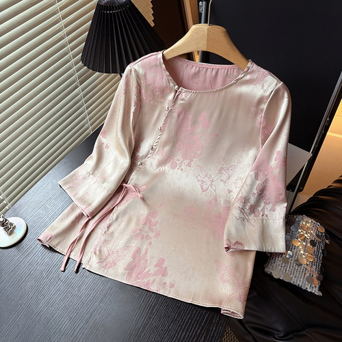 2026新款粉色盘扣圆领时尚上衣国风新中式衬衫女装七分袖小衫夏季