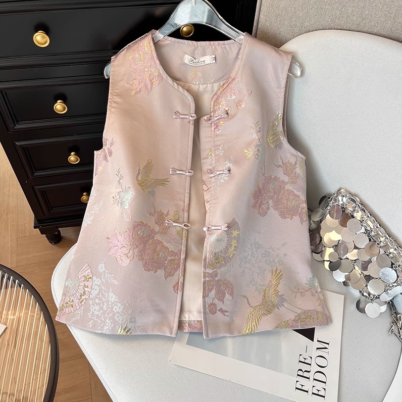 2025新中式缎面织金国风气质款马甲女式早秋爆款减龄温柔上衣外套