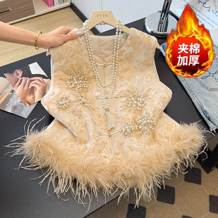 新中式国风刺绣马甲冬季加厚夹棉马夹鸵鸟毛提花外穿坎肩背心女款