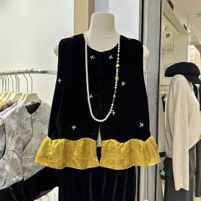 国风丝绒马甲女钉珠上衣