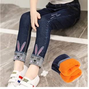 女童牛仔棉裤高弹力女孩加绒加厚牛仔裤新款童装女童时尚保暖裤子