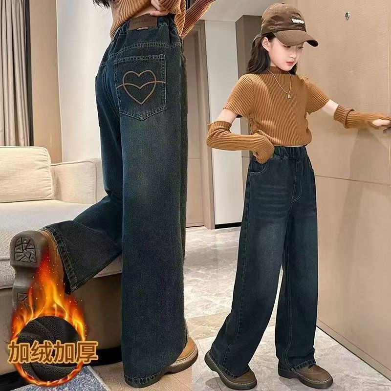 女童牛仔裤秋冬新款中大儿童时尚宽松绣花星星加绒牛仔女童阔腿裤