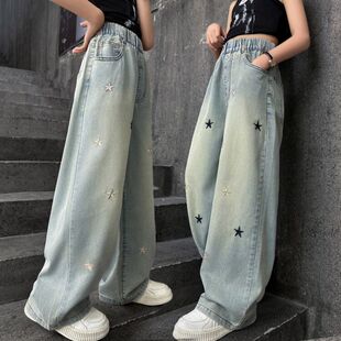乘航轩杰春秋款女童牛仔裤中大童2025绣花时尚薄款宽松外穿阔腿裤