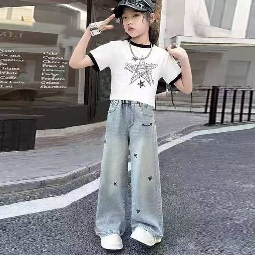 女大童刺绣牛仔阔腿裤