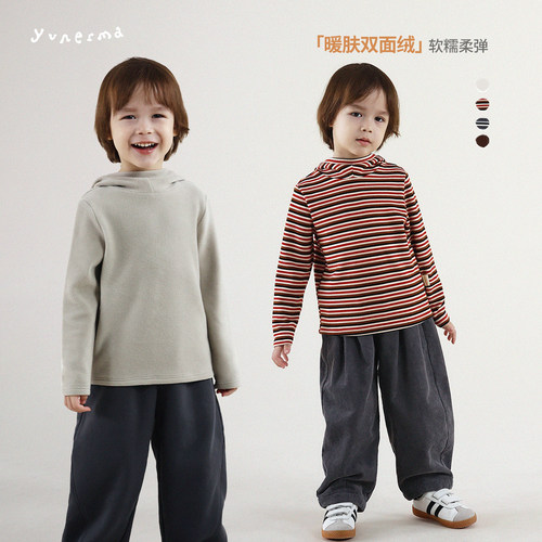 允儿妈男童加绒条纹T恤纯色上衣