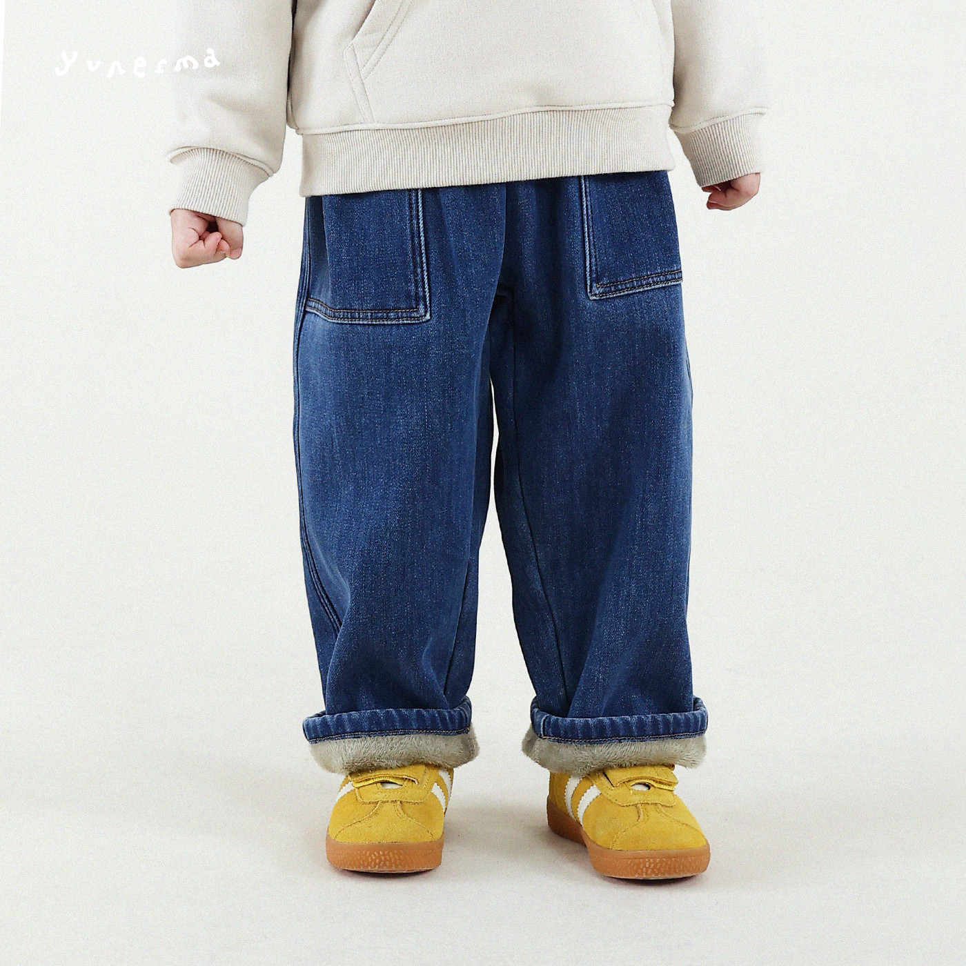 允儿妈男童冬季大口袋加绒牛仔裤