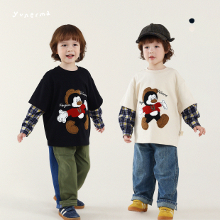 男孩假两件T恤儿童上衣潮 格子拼接卫衣 允儿妈男童2025秋季 新款