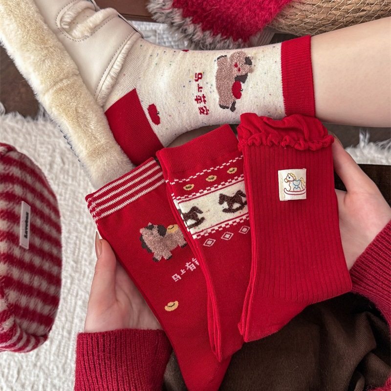 费尔岛新年红袜马年女士红色纯棉中筒2026属马圣诞礼物本命年喜庆
