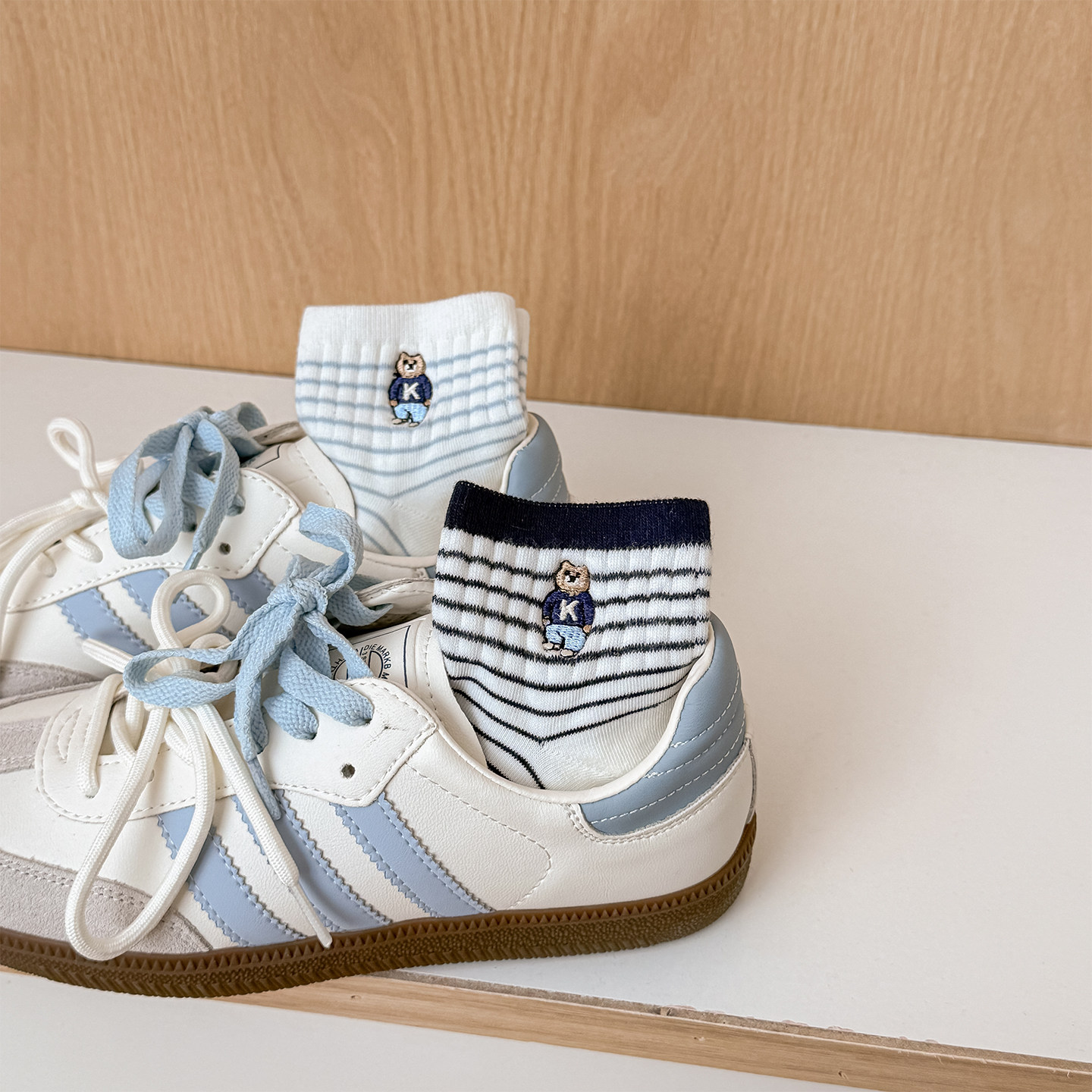 小熊袜子女款短袜纯棉春夏季薄款刺绣条纹日系可爱卡通ins潮棉袜