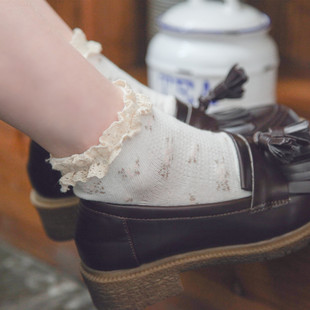 袜子女花边全棉日系碎花森系公主袜夏季 薄蕾丝复古短袜女学生白色