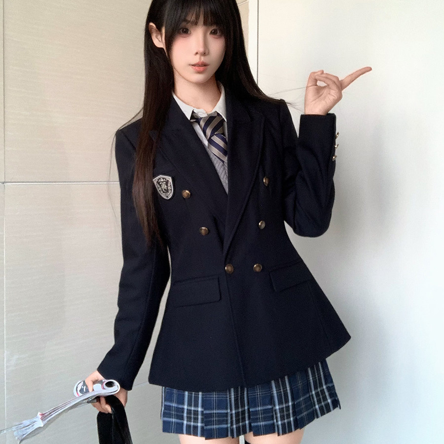 织野鹿【墨羽岚】原创jk学院风双排扣西服收腰西装外套制服套装女