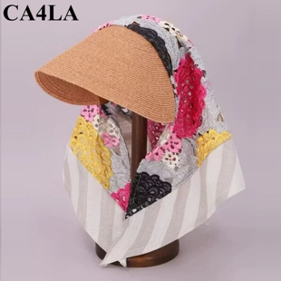 日本ca4la新款防晒遮阳草帽女夏花朵刺绣三角头巾包头帽子可折叠