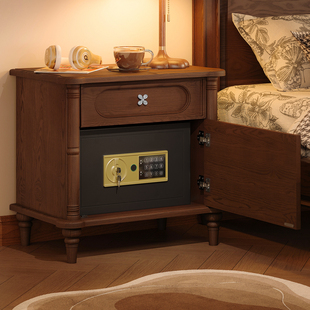 美式复古实木床头柜保险箱一体家用防盗中古卧室加高款床边柜带锁