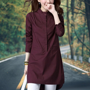 百搭长袖 2025春秋新款 木耳边纯棉中长款 女宽松韩版 套头衬衣裙 衬衫