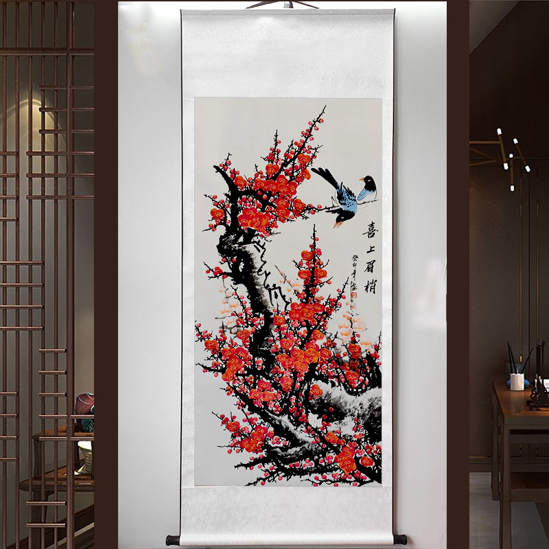 喜上眉梢国画梅花图客厅装饰字画水墨画喜上眉梢竖幅花鸟画