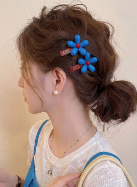 韩国简约蓝色花朵鸭嘴夹发夹女前额侧边夹刘海夹子碎发发卡头饰
