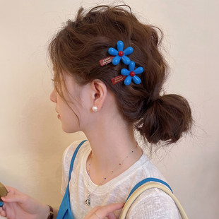 韩国简约蓝色花朵鸭嘴夹发夹女前额侧边夹刘海夹子碎发发卡头饰