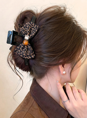Ins韩版棕色豹纹蝴蝶结抓夹女高端后脑勺盘发鲨鱼夹发卡发抓发饰