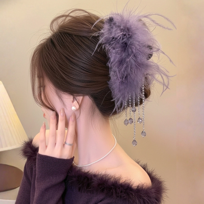 超仙小众紫色羽毛水钻流苏鲨鱼夹
