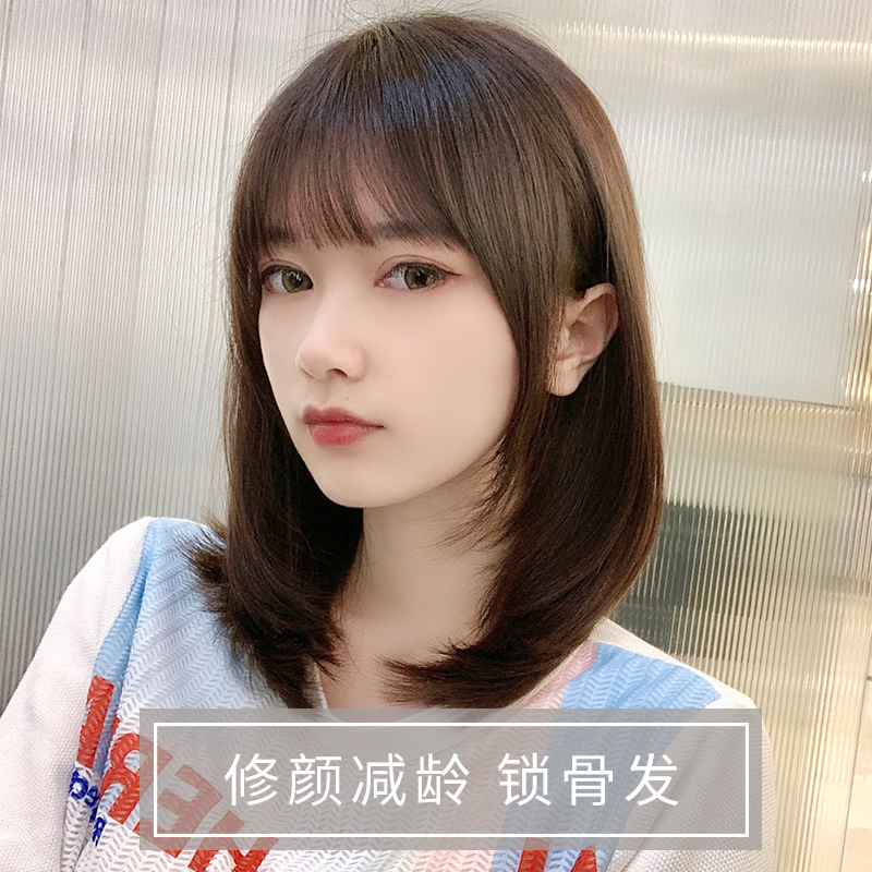 假发女短发自然全头套式真人发丝中长发锁骨发仿真