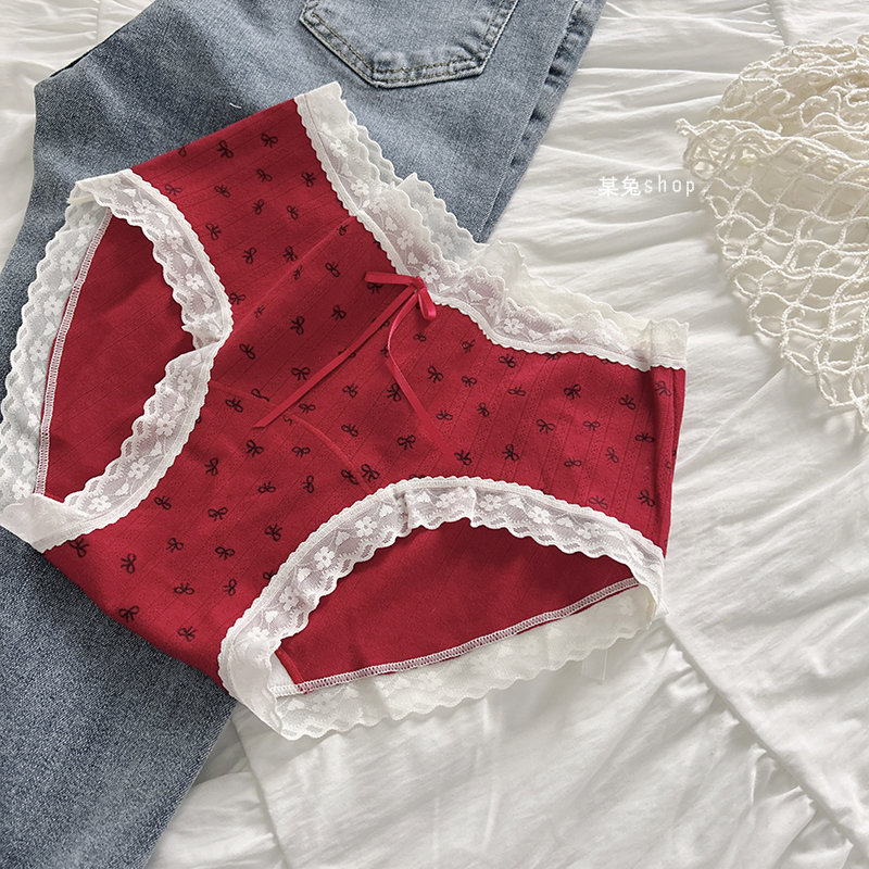 准备过年~大红色加长裆部纯棉少女蝴蝶结中腰蕾丝三角内裤中腰7A
