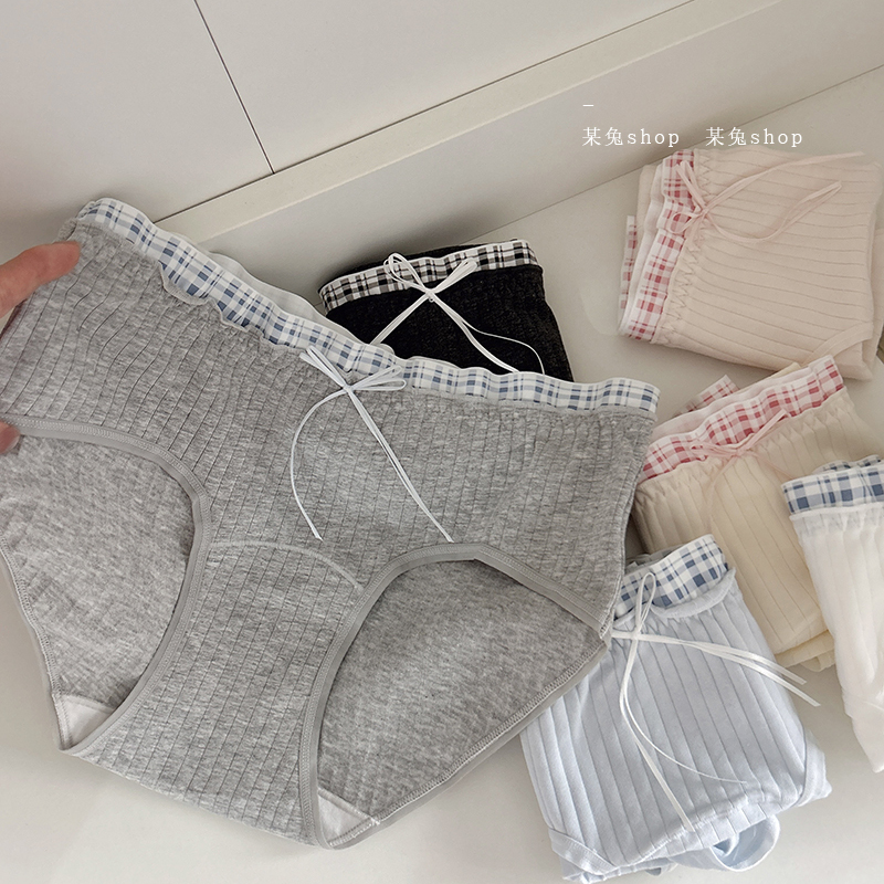 格雷灰色芭蕾风撞色格子花边10A类棉抑菌甜美加长裆内裤纯棉女生