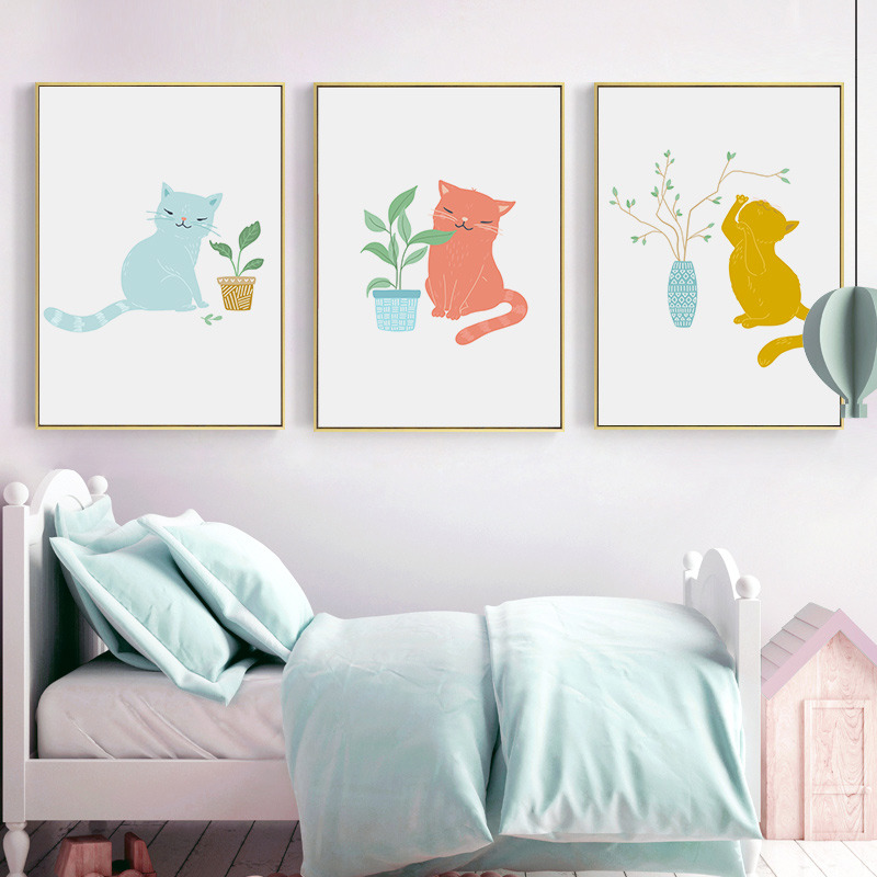 卡通黄色猫咪画艺术现代简约挂画新中式客餐厅榻榻米儿童房装饰画图片
