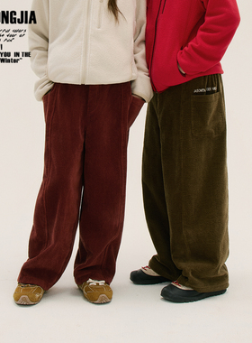 两色加绒加厚灯芯绒长裤侧边绣花男女童装儿童裤子松紧腰休闲保暖