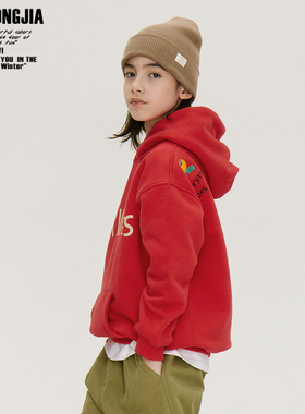 加绒加厚一体绒精致绣花儿童连帽卫衣秋冬新童装新年红马年战袍棉