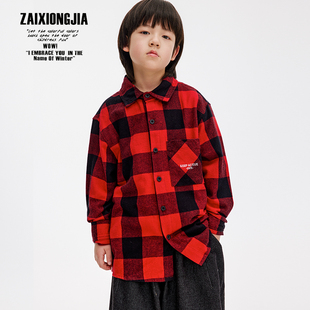 ZAIXONGJIA◆红黑大格子长袖衬衫上衣外套男女童中小大童帅气童装