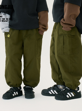 绿色加绒加厚速干面料工装长裤儿童裤子松紧腰百搭宽松束口裤冬季