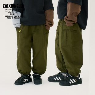 冬季 绿色加绒加厚速干面料工装 子松紧腰百搭宽松束口裤 儿童裤 长裤