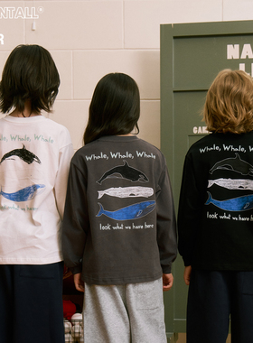 三色后背鲸鱼印花长袖基础打底T恤儿童上衣宽松男女童装春秋冬新