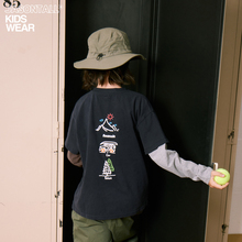 黑色撞色袖子假两件长袖T恤儿童上衣宽松户外露营风宽松男女童装