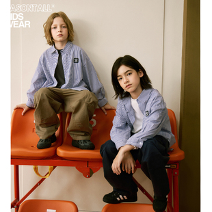 简约蓝白竖条纹衬衫打底衫儿童上衣宽松外套皮标装饰男女童装棉