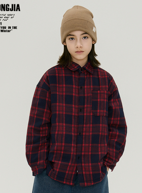 秋冬新夹棉加厚红色格子衬衫儿童外套秋冬打底衫宽松男女童装