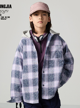 ZAIXIONGJIA◆紫色大格子夹棉加厚衬衫儿童外套冬季打底衫童装