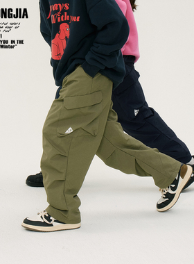 两色速干面料户外露营风加绒加厚工装裤儿童裤子长裤松紧腰