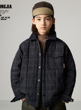 ZAIXIONGJIA◆绿色夹棉加厚格子衬衫儿童外套上衣秋冬打底衫宽松