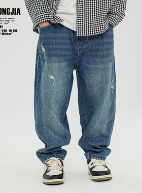 【新增加绒】蓝色破洞牛仔长裤童裤春秋新品百搭软松紧腰童装宽松
