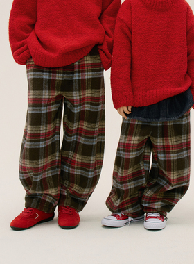 冬圣诞新年款呢子红色格子加绒弯刀裤男女童装儿童长裤保暖松紧腰