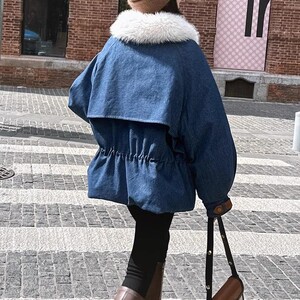 美式复古牛仔派克棉服女冬超火好看加绒加厚工装羽绒棉衣棉袄外套图片