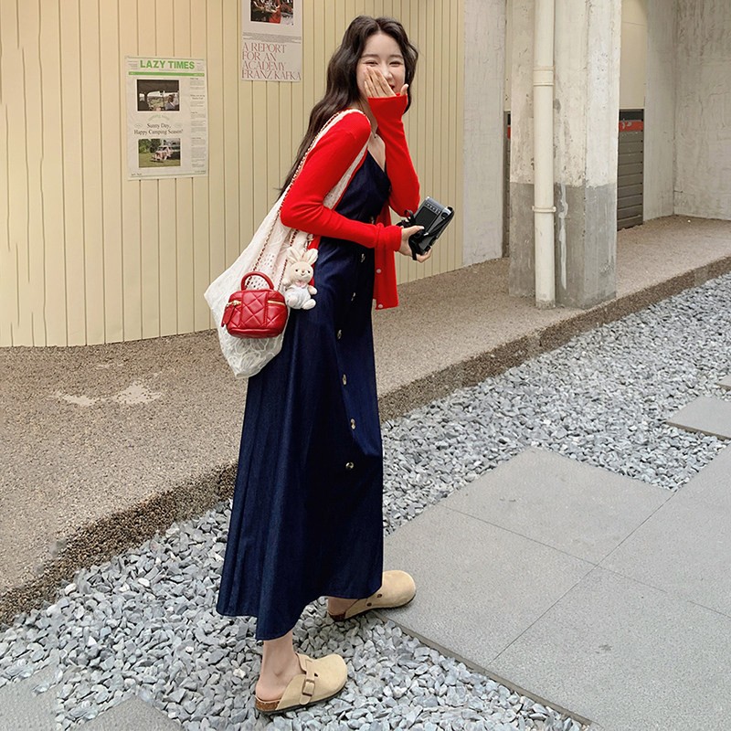 2C270-2835-P160-K238针织外套配吊带牛仔连衣裙,女装套装/套裙,2C270
