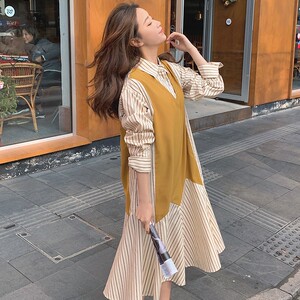 2C270-803-P115-K168 春款长袖假两件撞色条纹连衣裙图片