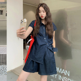 港风时尚系带盐系穿搭牛仔套装女夏季新款轻薄衬衫阔腿短裤两件套，女装套装/套裙，2C270