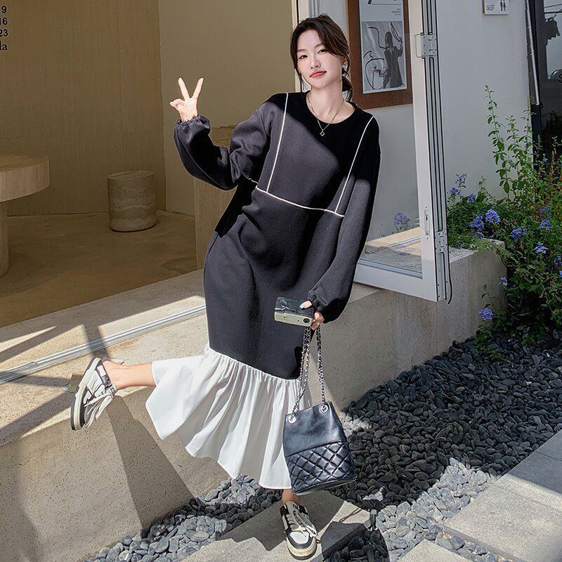 C270-2736-P135-K198黑白拼接鱼尾卫衣裙,女装连衣裙,2C270
