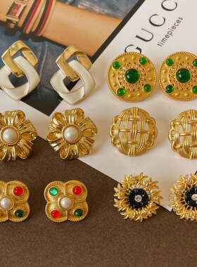 复古vintage雾面金色耳钉银针