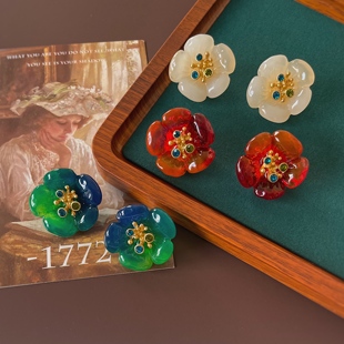 西洋中古感vintage花朵耳钉925银针 耳环耳夹无耳洞女 气质法式